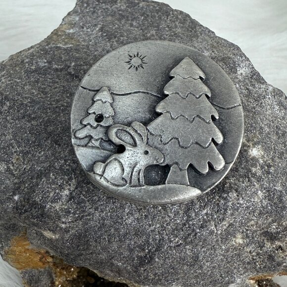 Pewter Rabbit w. Pine Tree Brooch Christmas 1.25" - Picture 2 of 5